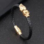 Bracelet hyperbole en cuir avec tête de mort dorée